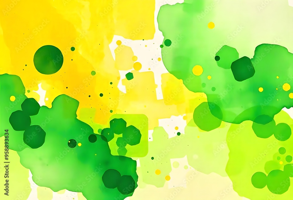 Poster abstract green and yellow blobs and splatters on a white background