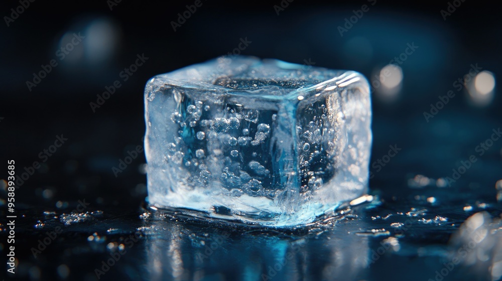 Poster a macro view of a single ice cube, highlighting its crystal-clear structure and the tiny air bubbles