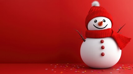 Fototapeta premium A snowman wearing a red hat and scarf on top of a table, AI