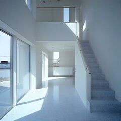 Modern Minimalist White Interior Design with Staircase and Large Window