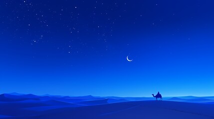 Obraz premium A lone traveler on a camel beneath a starry night sky in a serene desert.