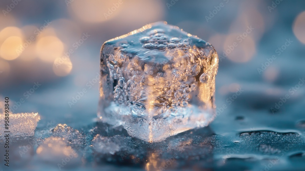 Poster a macro view of a single ice cube, highlighting its crystal-clear structure and the tiny air bubbles