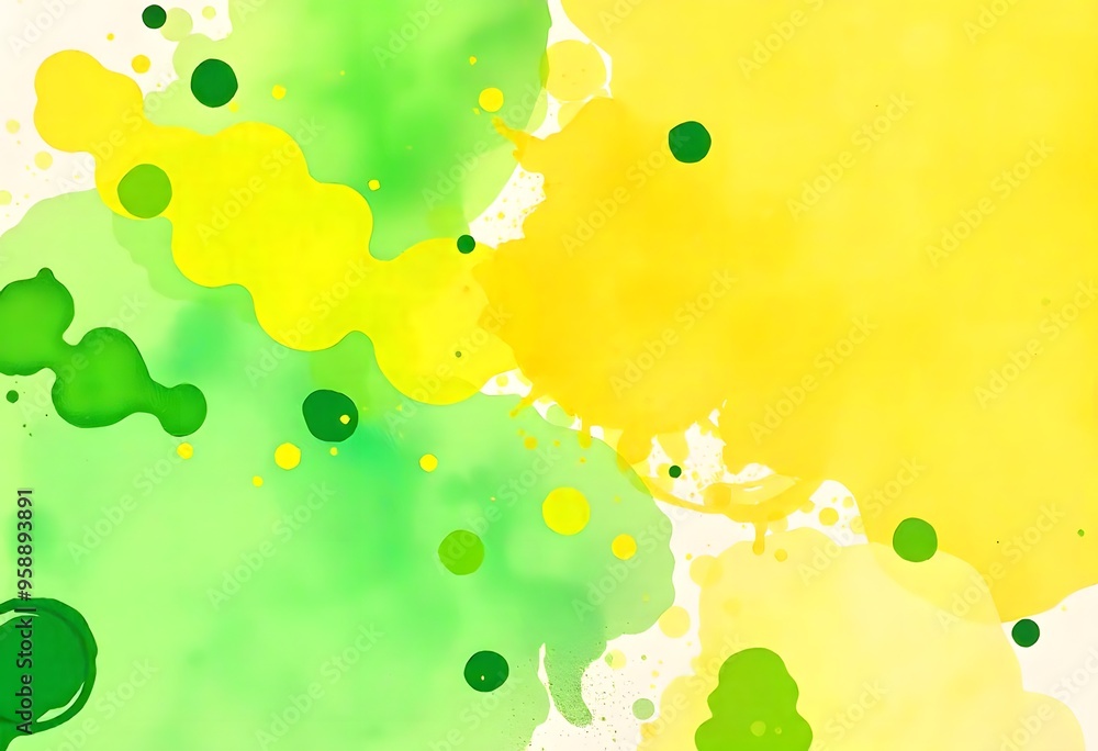 Poster abstract green and yellow blobs and splatters on a white background