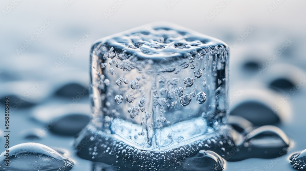 Poster a macro view of a single ice cube, highlighting its crystal-clear structure and the tiny air bubbles