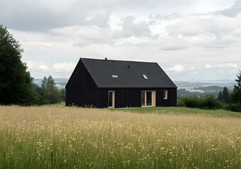 Modern Black House in Field with Green Grass and Yellow Flowers