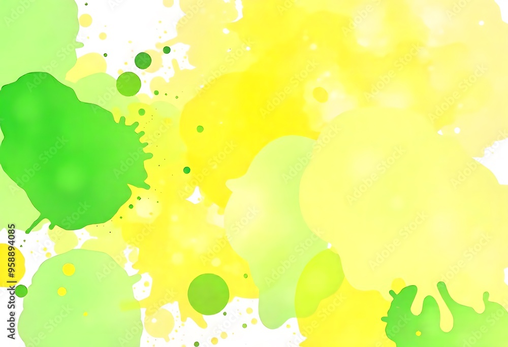 Poster abstract green and yellow blobs and splatters on a white background