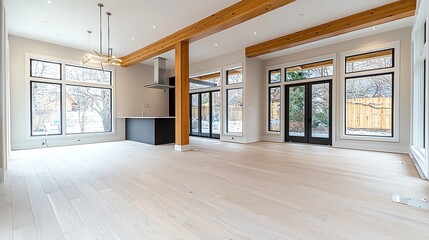 Obraz premium Spacious modern interior featuring tall windows, light wood flooring, and elegant design elements for a contemporary feel.