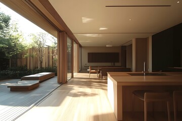 Modern Minimalist Home Interior Design With Wooden Floor And Large Windows