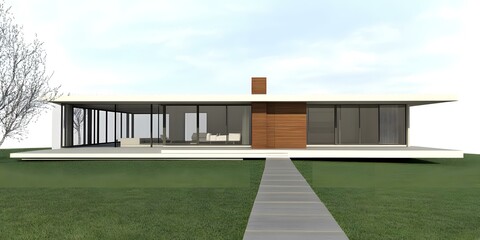 Modern Minimalist House with Large Windows and Walkway