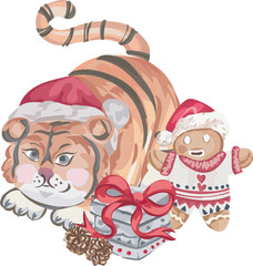 Christmas tiger decoration illustration on transparent background.
