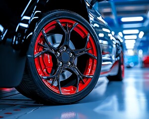 Close-up of a stylish black car wheel with striking red accents, capturing the elegance and modern design of automotive craftsmanship.