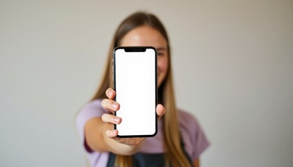 Smiling young woman holding a smartphone with a blank screen, focus on the phone.
