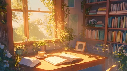 A cozy reading nook with sunlight streaming through the window.