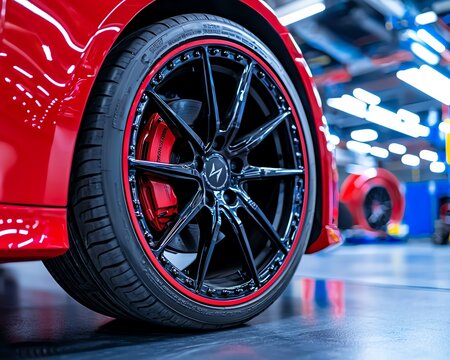 Close-up of a stylish car wheel showcasing a black alloy design with a red rim, perfect for automotive enthusiasts and passionate drivers.