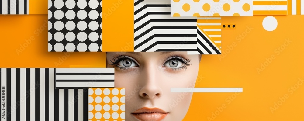 Poster Abstract portrait featuring a face surrounded by geometric patterns in black, white, and orange, creating a striking visual impact.