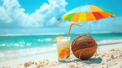 Refreshing Tropical Beach Scene with Coconut Drink and Colorful Umbrella on Sandy Shore