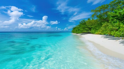 Fototapeta premium Crystal Clear Turquoise Waters and Pristine White Sand Beach with Lush Greenery Under a Vibrant Blue Sky