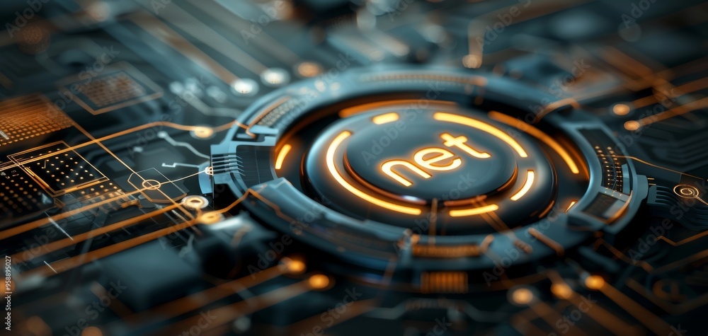 Poster Futuristic digital circuit with glowing accents and the 'net' symbol, perfect for technology and innovation themes.