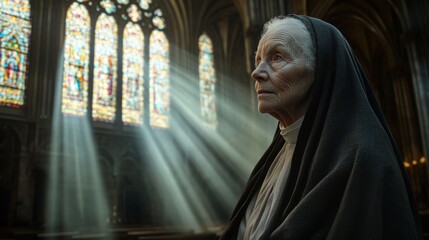 A Contemplative Elderly Woman Gazes Thoughtfully in a Sunlit Cathedral