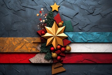 Abstract Christmas, layered textures, festive collage blend various elements to create a modern holiday tapestry
