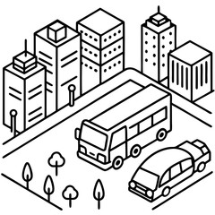 Urban scene with cars and buses, city building