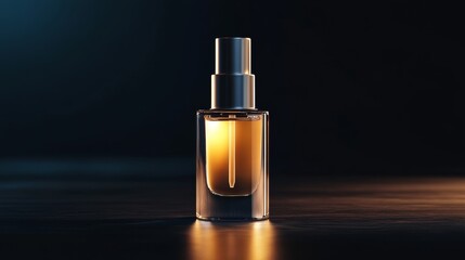 Naklejka premium A sleek glass bottle containing a golden liquid, elegantly illuminated against a dark background.