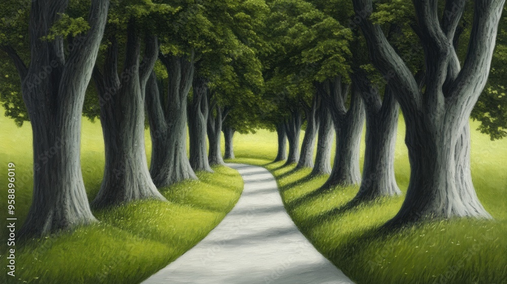 Poster a painting of a path through the trees with grass on either side, ai