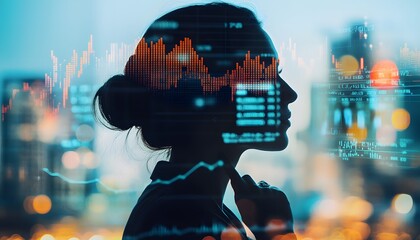 Woman Silhouetted Against Cityscape and Data Visualizations