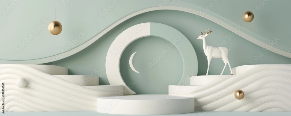 Poster A serene, modern setting featuring abstract shapes and a white deer, perfect for calming and artistic themes.