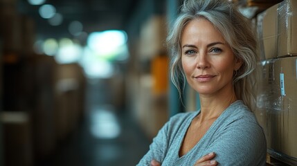 senior woman warehouse manager or supervisor arms crossed