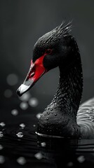 Fototapeta premium Elegant close-up of a black swan with vibrant red beak, set against a dark background. Perfect for nature, wildlife, and animal-themed designs, emphasizing grace and beauty.