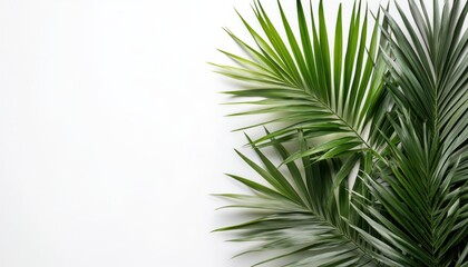 Fototapeta premium Lush green palm leaves against a minimalistic white background, perfect for nature-inspired designs and serene environments.