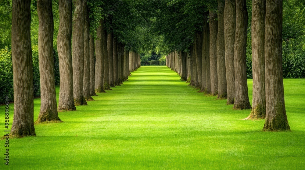 Poster a long row of trees with grass in between them, ai