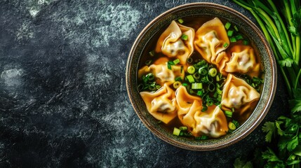 Top view of a bowl of Chinese wonton soup with green onions and soy sauce. Copy space available.