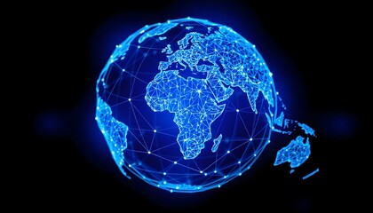 A glowing blue globe showing the continents and a network of interconnected lines representing global connectivity
