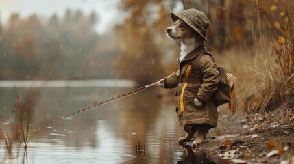 Naklejka premium Adorable Dog Dressed in Fishing Gear Standing by a Tranquil Lake in Autumn