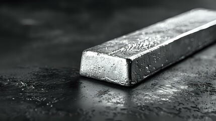 Close-up of a silver bar resting on a textured dark surface, showcasing the shiny, metallic finish. Ideal for finance, investment, and precious metals themes.