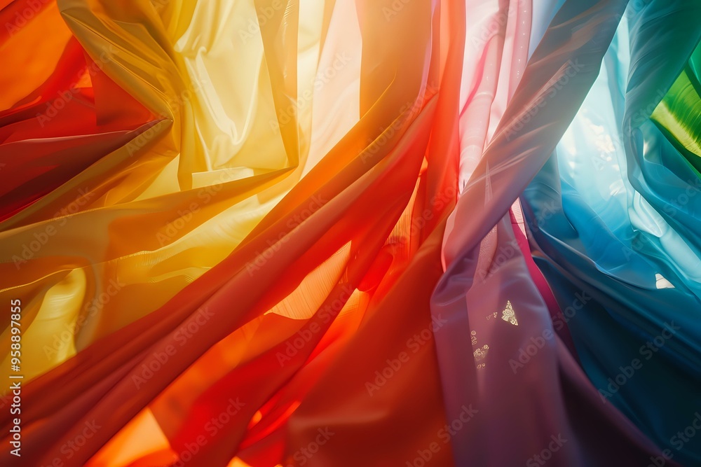Poster flowing, translucent fabric in a spectrum of rainbow colors, creating a soft and dynamic visual. ide