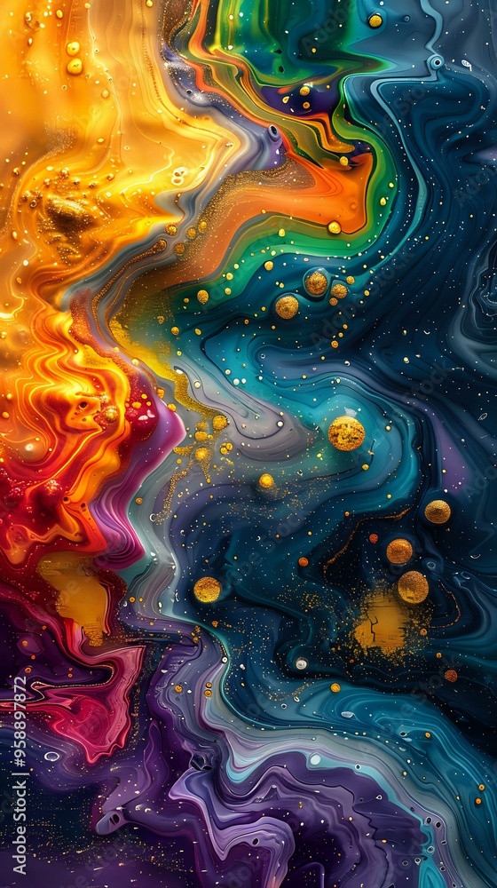 Poster abstract colorful liquid artwork with a mix of rainbow hues and bubbles, creating a fluid, dynamic, 