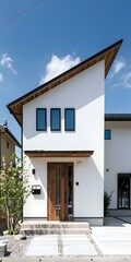 Modern Japanese House with White Walls and Wooden Roof