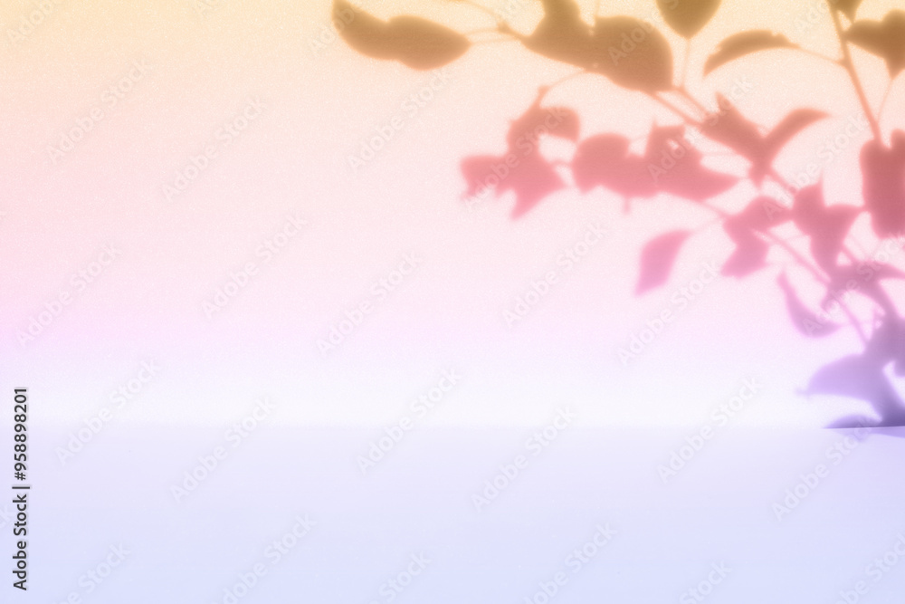 Poster Abstract purple color gradient studio background for product presentation. Empty room with shadows of plant leaves. 3d room with copy space. Summer concept. Blurred backdrop.
