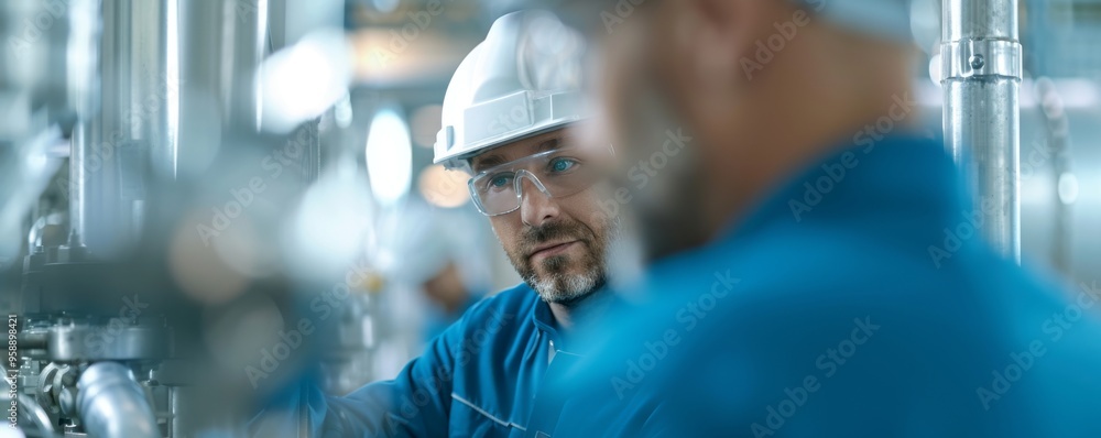 Wall mural Close-up of two industrial workers in safety gear, focusing on machinery in a modern manufacturing environment.