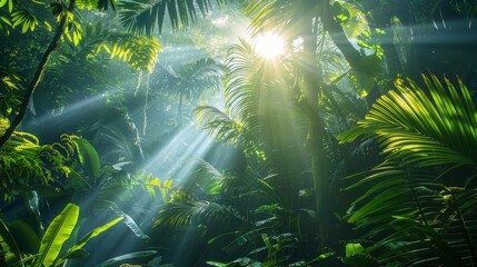 Obraz premium Sunlight Filtering Through Lush Green Tropical Jungle with Dense Foliage and Misty Atmosphere