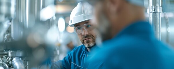 Close-up of two industrial workers in safety gear, focusing on machinery in a modern manufacturing environment.