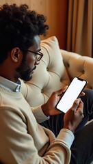 Obraz premium Young African-American man with glasses sitting on a comfortable sofa, using a smartphone with a blank screen.