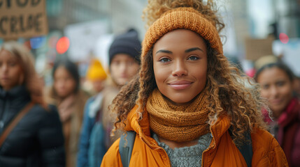 Woman smiling at protest, city street, winter clothes, activism concept