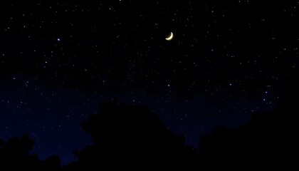 A crescent moon in a dark blue night sky, with silhouetted pine trees in the foreground