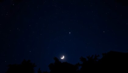 Obraz premium A crescent moon in a dark blue night sky, with silhouetted pine trees in the foreground