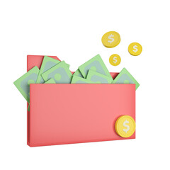 Financial Abundance: 3D Render of a Red Folder Overflowing with Cash and Coins 