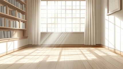 A serene, sunlit room with wooden flooring and bookshelves, creating a peaceful atmosphere.